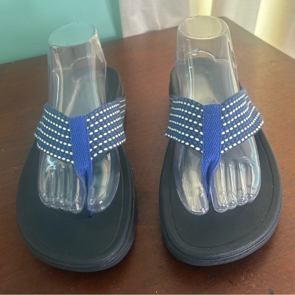 Fitflop Womens 10 Surfa Toe Posts Wedge Sandal Blue White Comfy Casual Flip Flop - Picture 6 of 12